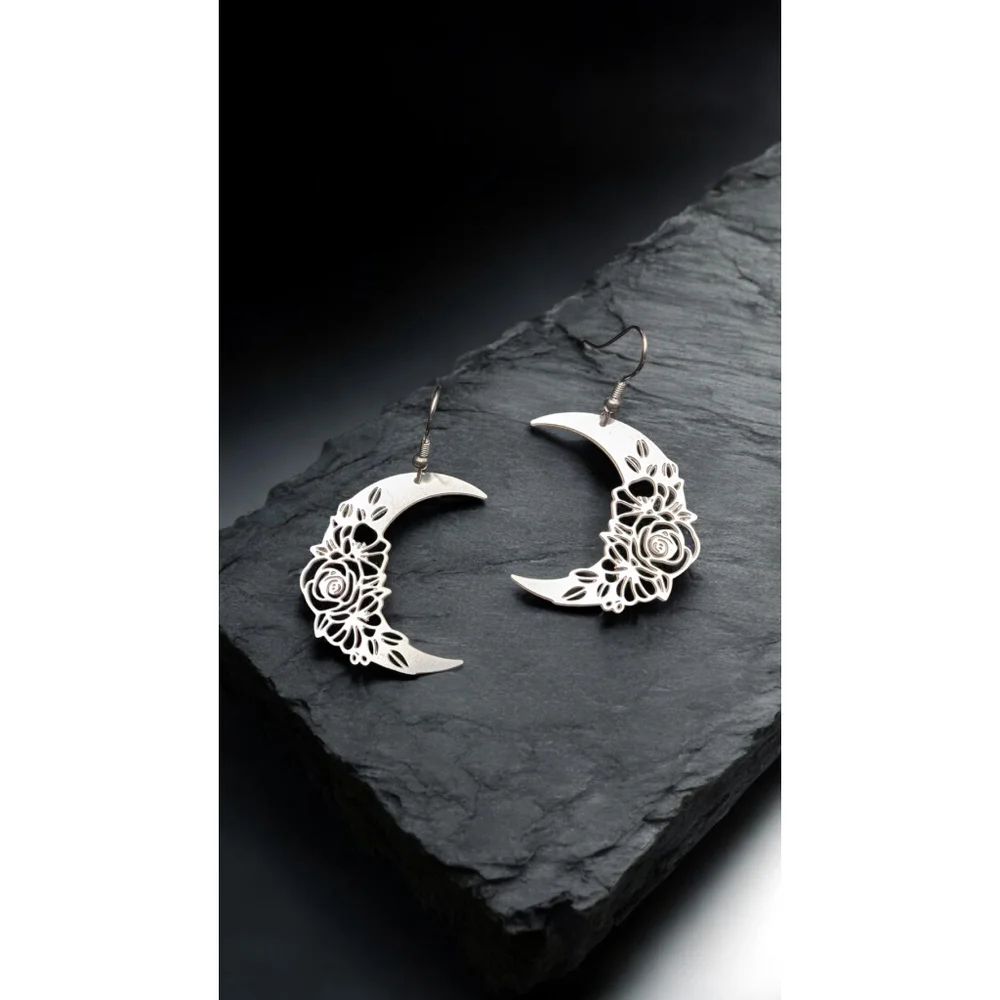 Floral Crescent Moon Earrings Celestial Stainless Steel Dangle